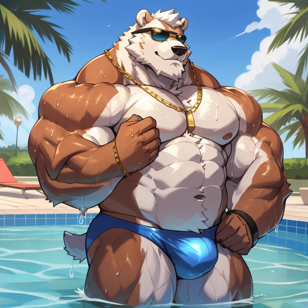 solo, 1boy, Huge Muscular White Polar Bear wearing sunglasses, gold chain necklace, huge white fur, pectoral, huge pectoral, wide pectoral, short white hair, blue speedo trunks and shirtless and topless, white bearded, white Mustache, white fur, shiny body, wet, summer mansion background, masterpiece, high detailed, 8k, high resolution, at the pool, flexes his huge body