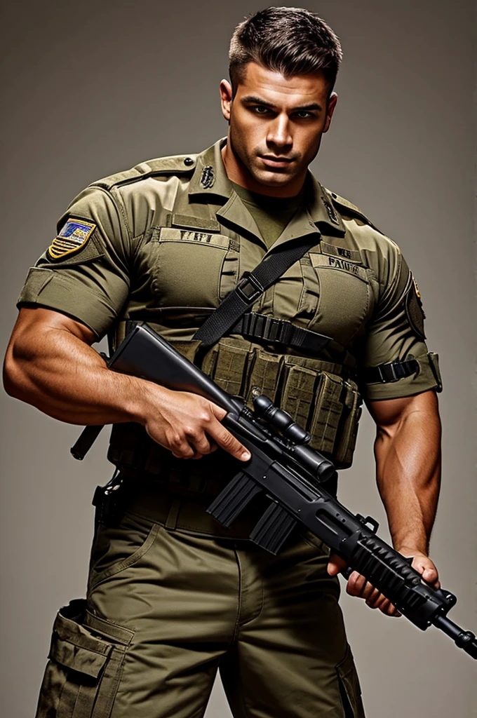 a muscular man in military outfit holding a rifle