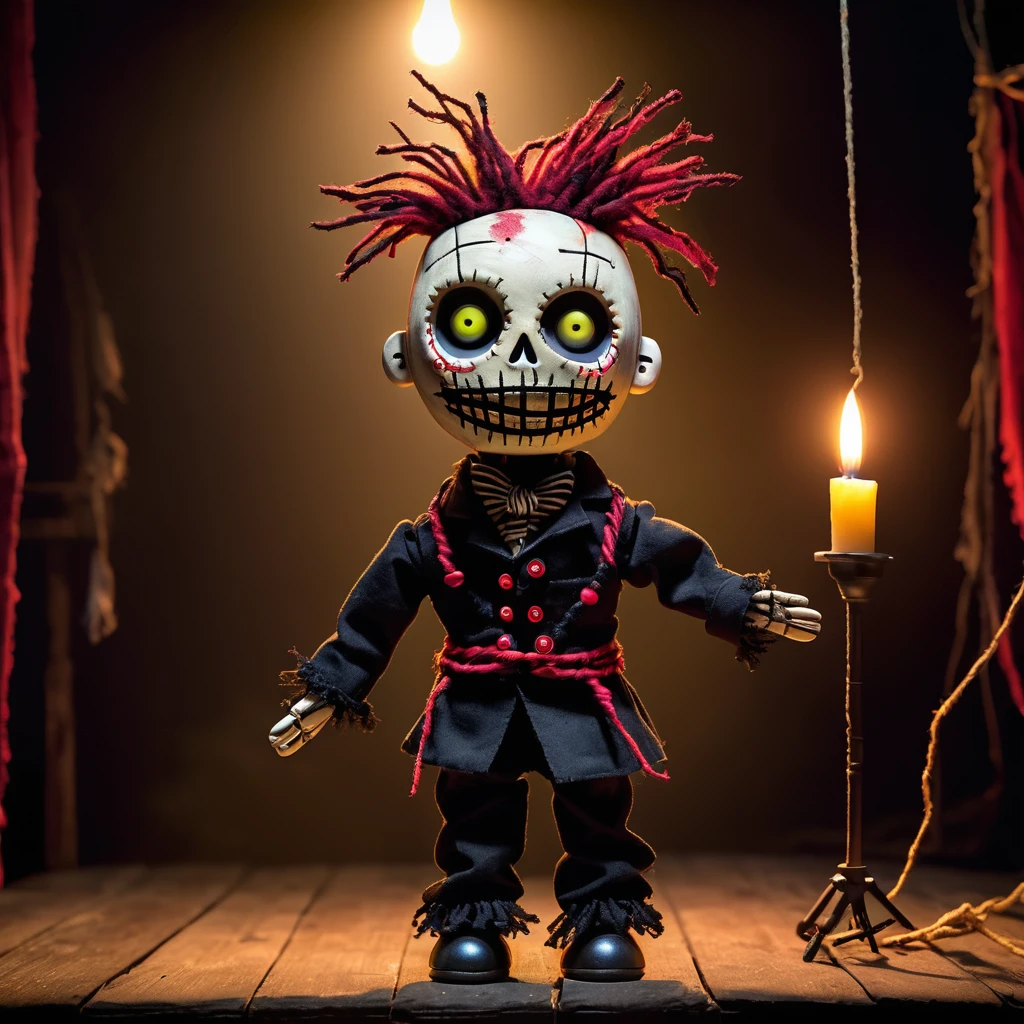 (knitted toy voodoo doll:1.5), (Voodoo Creepy Puppeteer:1.3), (Clothing: tattered puppet master outfit with dark stains:1.0), (Accessories: enchanted cursed marionette, glowing sinister puppet strings:1.1), (background: eerie abandoned theater with flickering lights, eerie music, and ghostly puppets:1.2), best quality, masterpiece, detailed soft oil painting, detailed background, dramatic cinematic lighting, soft edge lighting, professional, dramatic lighting, hard edge lighting, ultra quality, 4k, masterpiece, best quality, 8k, ultra high definition, high resolution, extremely detailed