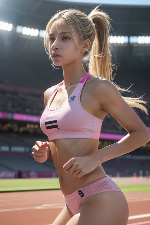 ((masterpiece, Extremely realistic, photo-realism, Extremely precise in every detail, best quality, best shadow, absurdres, realistic lighting, beautiful detailed glow)), lady, , blonde, twin-tail hair, wearing glossy pink Track and field bra-top and glossy racing-bloomers, she is running so hard, on a stadium