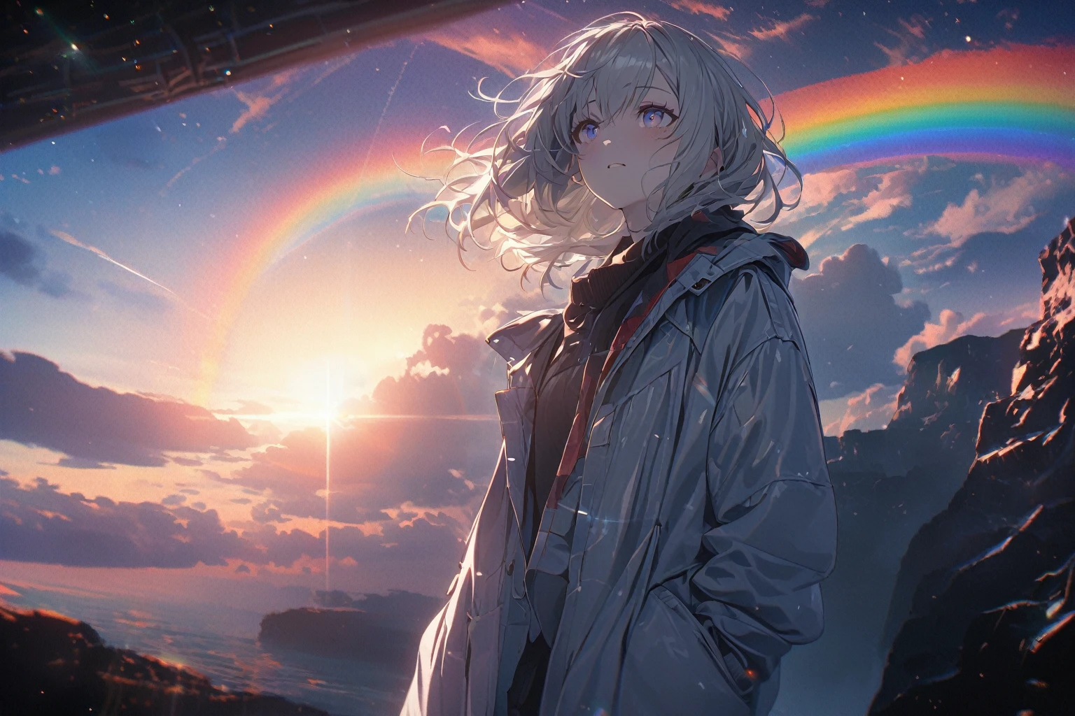 woman, sunrise, rainbow, After the Rain, horizon, In the sky,Lens flare, colorful,coat,Put your hands in your pockets,(student, 18-year-old, ＪＫ, Her short silver hair sways, Space-colored eyes, Pale skin, Tired face、Lack of eye sparkle) Looking up at the sky, Beautiful sky,There is the sea、The scenery is beautiful., 広いLooking up at the sky, In the skyはクジラが泳いでいます。, I see the wind blowing and shining, In the skyは正午の月と正午の星がある,From below, break ,quality(8K,非常に精細なCGユニットのwallpaper, masterpiece,High resolution,top-quality,top-quality real texture skin,Surreal,Increase the resolution,RAW Photos,最高quality,Very detailed,wallpaper,Cinema Lighting,Ray Tracing,Golden Ratio),Have a long-term perspective