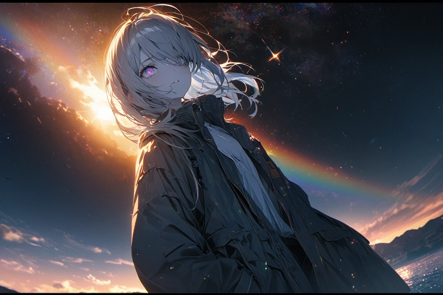 woman, sunrise, rainbow, After the Rain, horizon, In the sky,Lens flare, colorful,coat,Put your hands in your pockets,(student, 18-year-old, JK, Her short silver hair sways, Space-colored eyes, Pale skin, Tired face、Lack of eye sparkle) Looking up at the sky, Beautiful sky,There is the sea、The scenery is beautiful., 広いLooking up at the sky, In the skyはクジラが泳いでいます。, I see the wind blowing and shining, In the skyは正午の月と正午の星がある,From below, break ,quality(8K,非常に精細なCGユニットのwallpaper, masterpiece,High resolution,top-quality,top-quality real texture skin,Surreal,Increase the resolution,RAW Photos,最高quality,Very detailed,wallpaper,Cinema Lighting,Ray Tracing,Golden Ratio),Have a long-term perspective