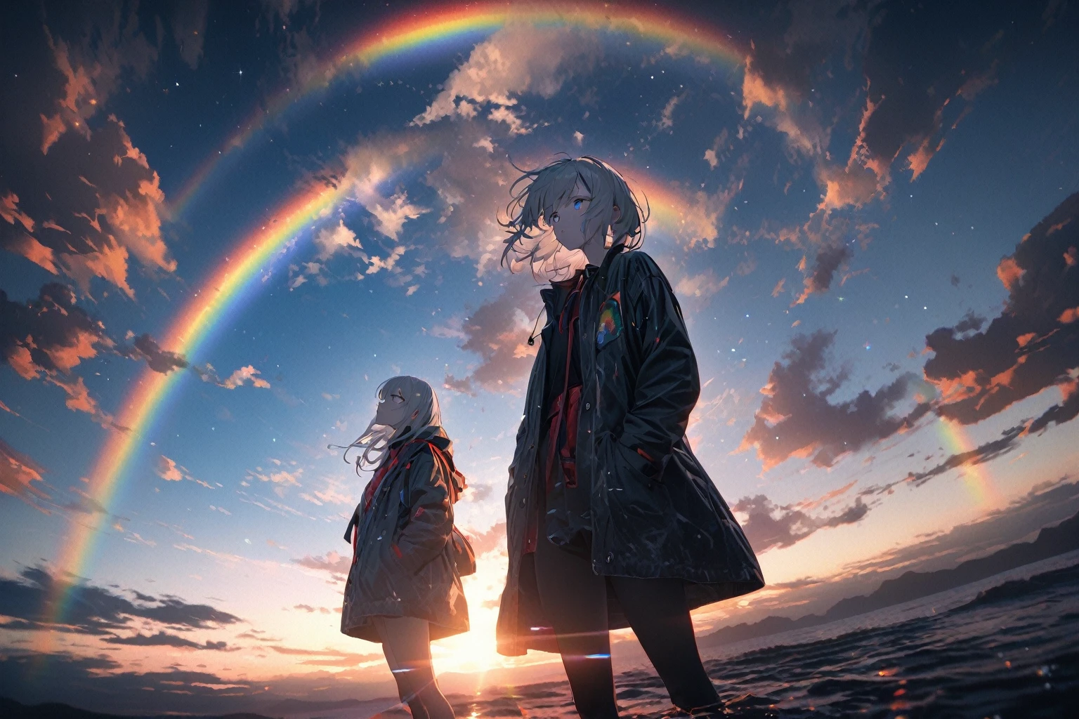 woman, sunrise, rainbow, After the Rain, horizon, In the sky,Lens flare, colorful,coat,Put your hands in your pockets,(student, 18-year-old, JK, Her short silver hair sways, Space-colored eyes, Pale skin, Tired face、Lack of eye sparkle) Looking up at the sky, Beautiful sky,There is the sea、The scenery is beautiful., 広いLooking up at the sky, In the skyはクジラが泳いでいます。, I see the wind blowing and shining, In the skyは正午の月と正午の星がある,From below, break ,quality(8K,非常に精細なCGユニットのwallpaper, masterpiece,High resolution,top-quality,top-quality real texture skin,Surreal,Increase the resolution,RAW Photos,最高quality,Very detailed,wallpaper,Cinema Lighting,Ray Tracing,Golden Ratio),Have a long-term perspective