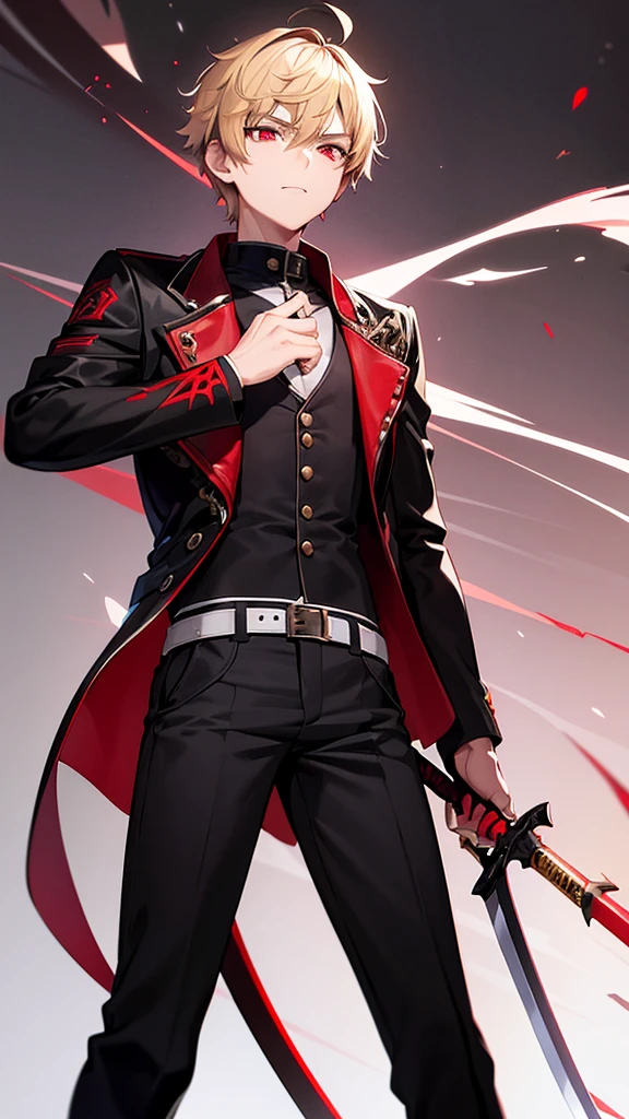 A 17 year old high school boy , short blonde hair with a red streak , crimson eyes shining, with a black jacket with black tones of a swordsman with magic and his sword black as night with red tones with a youthful style , good person