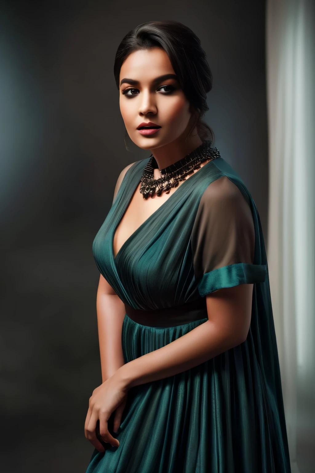 In this photograph, an Indian Instagram female model in her mid-30s takes center stage, with a little chubby figure and a big round chest, showcasing some cleavage. The image highlights her highly detailed face (1.4) and a soft smile (0.7). She is set against the backdrop of a moody, private study within a 5-star hotel. The photograph, captured by Lee Jeffries using a Nikon D850, features rich colors and lifelike textures, thanks to film stock photography on 4 Kodak Portra 400. With a camera f1.6 lens, the image boasts dramatic lighting and hyper-realistic detail, enhanced by Cinestill 800 film. The model wears a vibrant, colorful dobby weave self-design fit & flare dress. The dress features a sweetheart neck, short puff sleeves, a tie-up detail on the back, an above-knee length flounce hem, and attached lining in chiffon fabric. Inspired by actress Karla Ortiz, the model poses candidly, wearing a slave collar with a chain around her neck. The meticulously captured photograph, in 8K resolution, utilizes cutting-edge techniques such as Cinema 4D and Octane Render. Studio lighting, HDR, and a smoky mist create a captivating ambiance, with a bokeh effect adding an artistic touch. The overall aesthetic is influenced by the styles of Max Dauthendey.