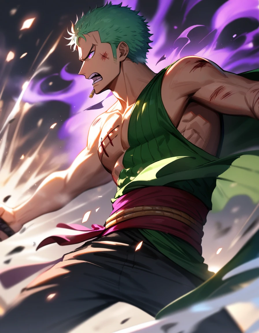 1boy, male focus, Zoro, One piece, injury, haki,, masterpiece, best quality, very aesthetic, absurdres, depth of field, fighting, glowing purple eyes