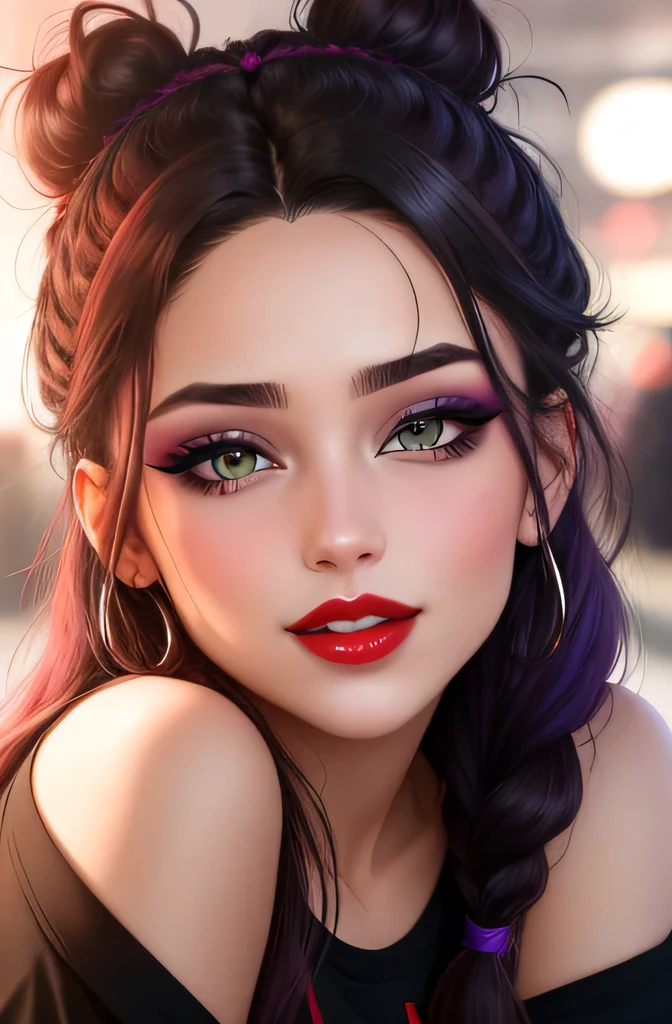 Amazing portait of a cute and sexy woman who is obsessed with you and the obsession is clearly visible in her intense eyes emphasised by the heavy eyeliner and the wicked smile on her face with her intense red lips her hair was tied in a braid but it has become a bit messy she wears a black and purple loose oversized t shirt that showcases her bare shoulder and her cleavage