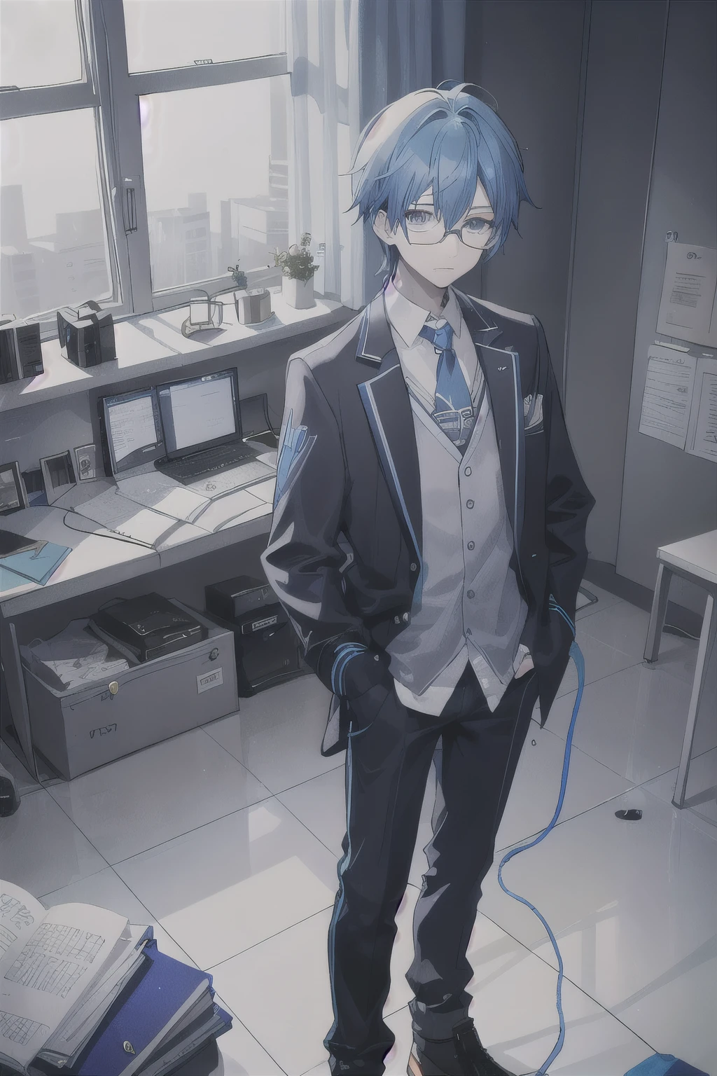 17 year old boy with blue hair, Cast and prepare, Wear it to the utmost., Wear glasses with white temples., Opening my hand, Stay in a room.