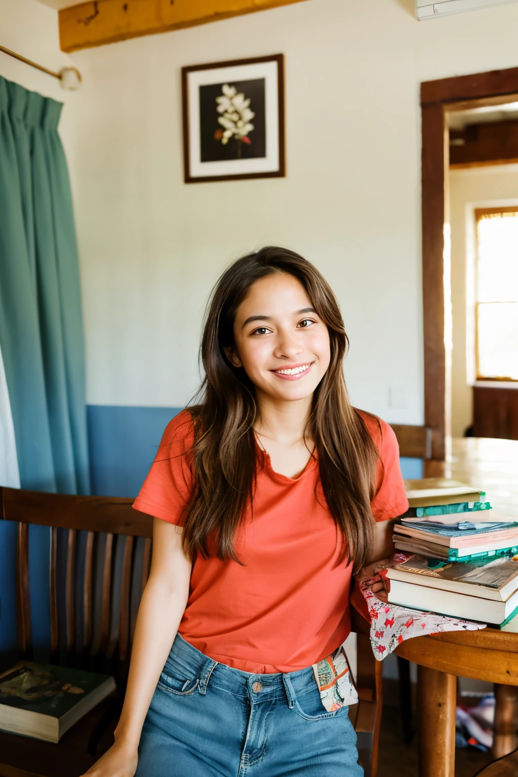 an 18 year old Brazilian girl, with light skin, long brown hair, and brown eyes. She's smiling in a friendly way, wearing a light blouse and casual shorts. The photo is taken in a typical interior environment of Independência, Ceará, like a simple room at home. The scene shows a wooden bed with colorful sheets, a small table with some books, and a simple chair. On the walls, there are few simple paintings or decorations. The window in the background allows you to see part of the yard with native plants from the caatinga, under the natural light that comes in. Her expression is happy and outgoing, conveying a festive and authentic personality. Photographic style: realistic and high quality portrait, capturing the essence of life in the interior of Independência, Ceará.