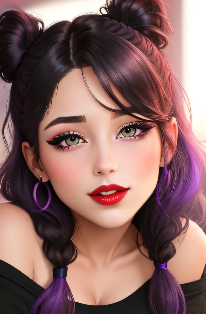 Amazing portait of a cute and sexy woman who is obsessed with you and the obsession is clearly visible in her intense eyes emphasised by the heavy eyeliner and the wicked smile on her face with her intense red lips her hair was tied in a braid but it has become a bit messy she wears a black and purple loose oversized t shirt that showcases her bare shoulder and her cleavage