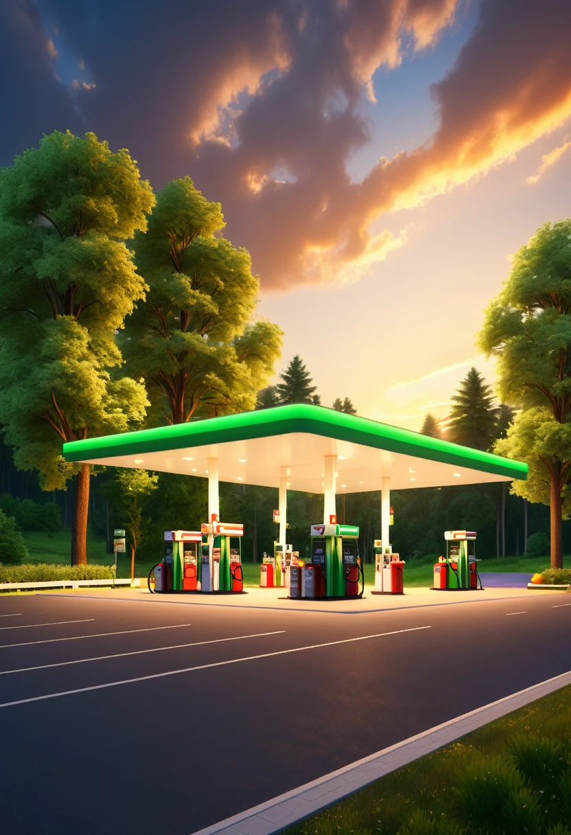 gas station illuminated by the summer sunset, a landscape surrounded by green trees, cozy atmosphere