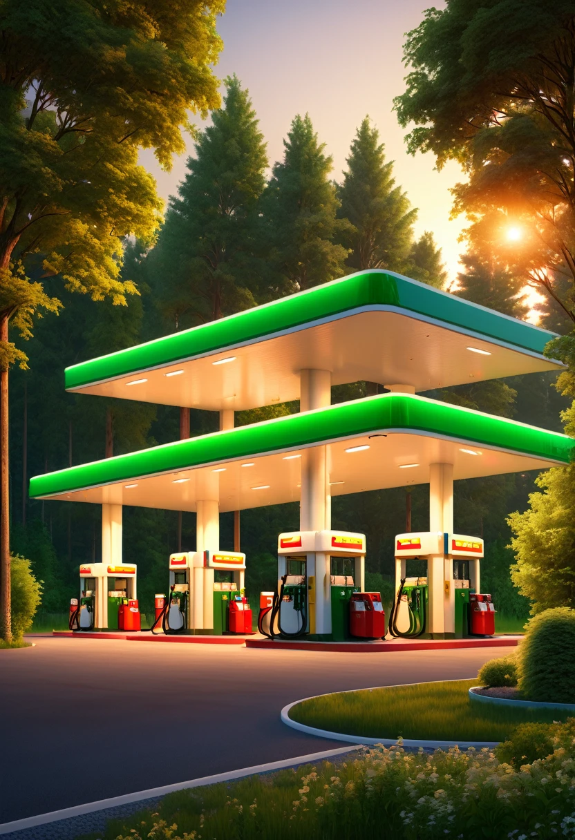 gas station illuminated by the summer sunset, a landscape surrounded by green trees, cozy atmosphere