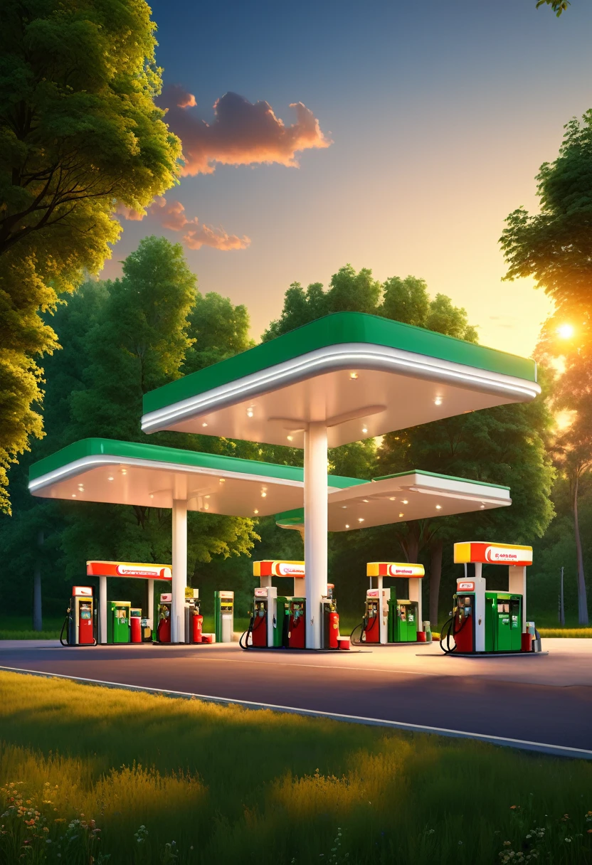 gas station illuminated by the summer sunset, a landscape surrounded by green trees, cozy atmosphere