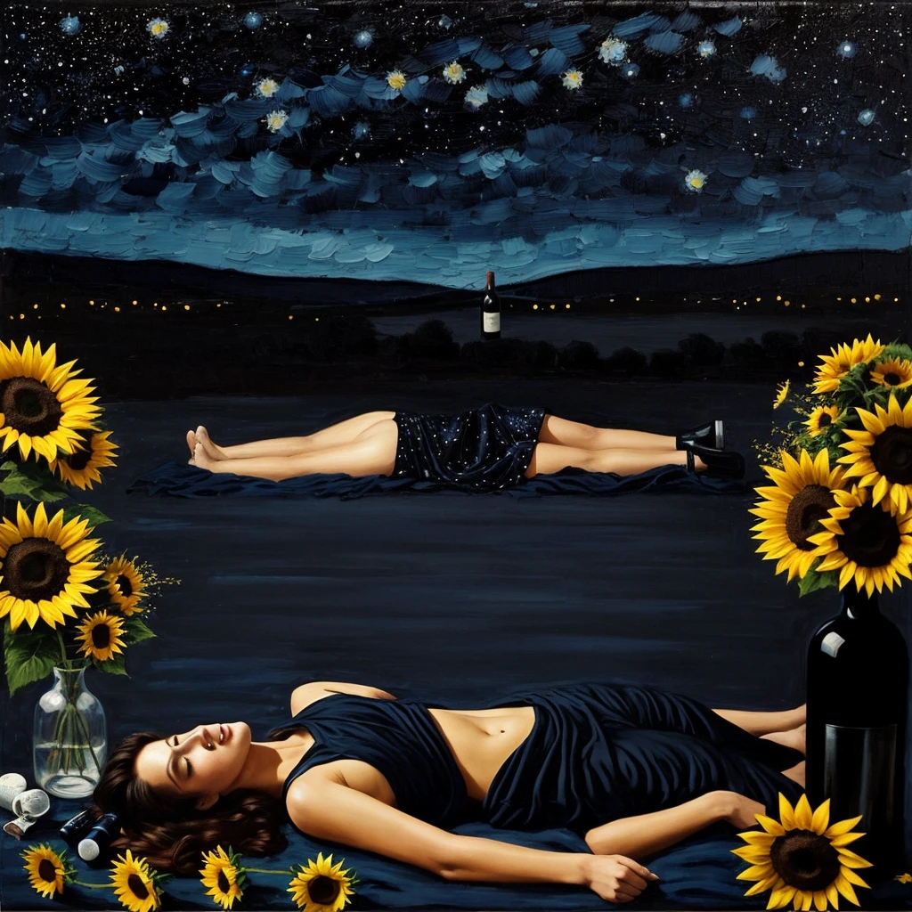 Create a melancholic cover with the predominant colors black and navy blue, with the title "What to do when love ends" where in this image there is a man lying on the floor with a bottle of wine in his hand, a painting with the starry night and a vase with sunflowers in the background. Where the image expresses melancholy