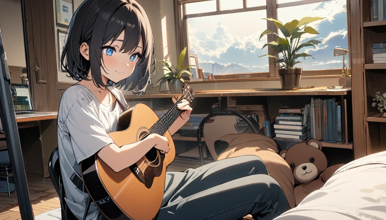 1girl, solo, blue eyes, (detailed eyes), flat chest, short hair, black hair, upper body, gentle smile on her face, sitting up straight((masterpiece, illustration, best quality)), 1girl in, Detailed details, A dark-haired, length hair, White underwear, Skin, White bed, Sitting cross-legged on the bed, Playing acoustic guitar, In front of a large window, inside in room, Hardwood flooring, bookcase, houseplant, desk work, a chair, personal computers, Big stuffed bear, Big entrance clouds outside the window,