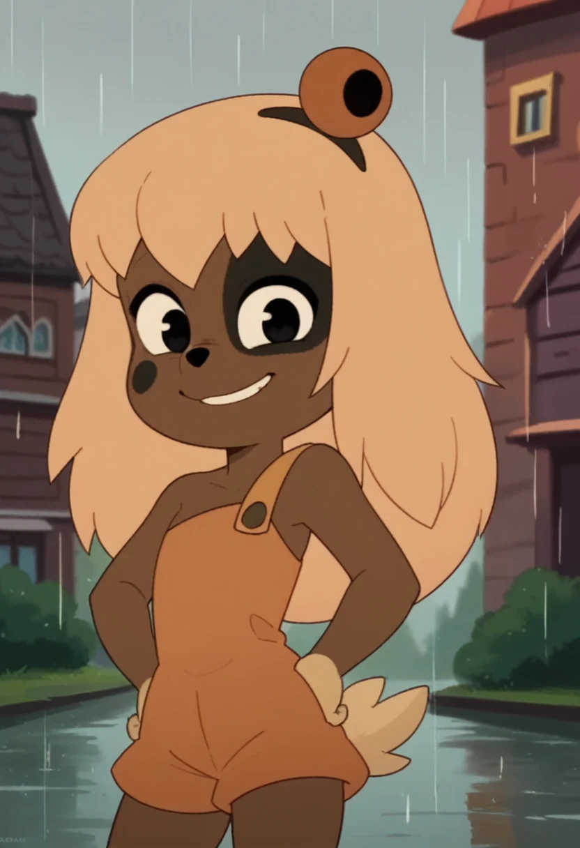 On top of a building, tall building, rainy weather ,lilotte, solo, 1girl, furry female, long hair, dog ears, black eyes, dog tail, orange overalls, blonde hair, outdoors, dog girl, smile, looking at viewer, hand on own hip, cowboy shot,, score_9, score_8_up, score_7_up, score_6_up, score_5_up, score_4_up