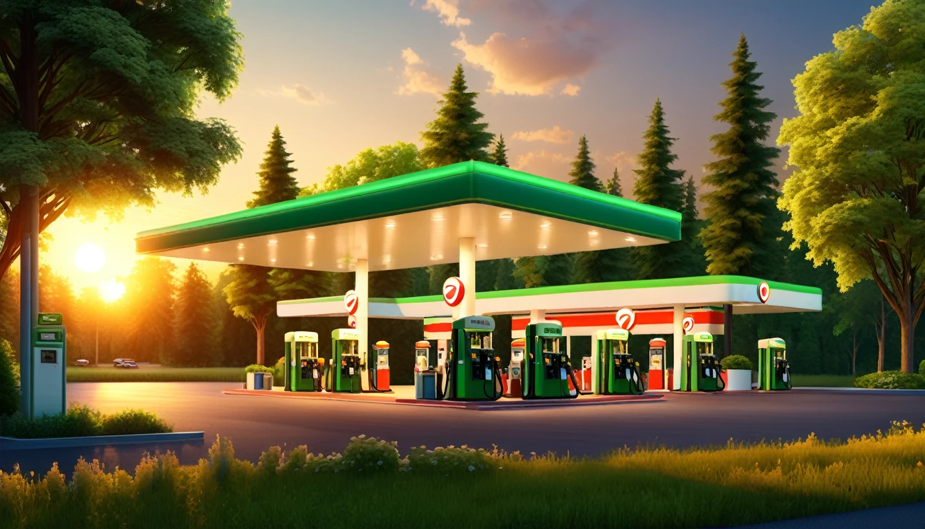 gas station illuminated by the summer sunset, a landscape surrounded by green trees, cozy atmosphere