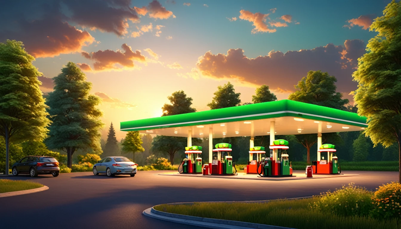 gas station illuminated by the summer sunset, a landscape surrounded by green trees, cozy atmosphere