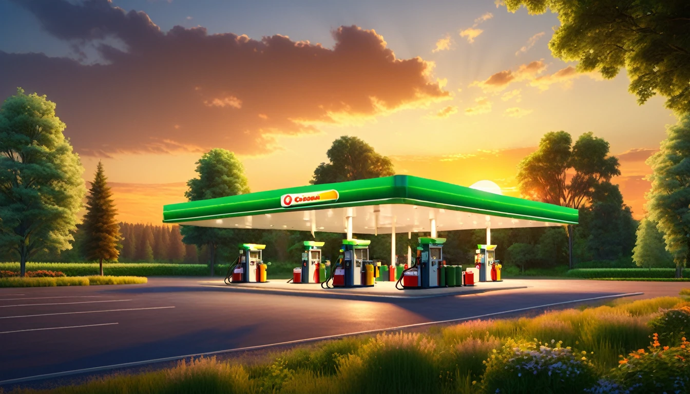 gas station illuminated by the summer sunset, a landscape surrounded by green trees, cozy atmosphere