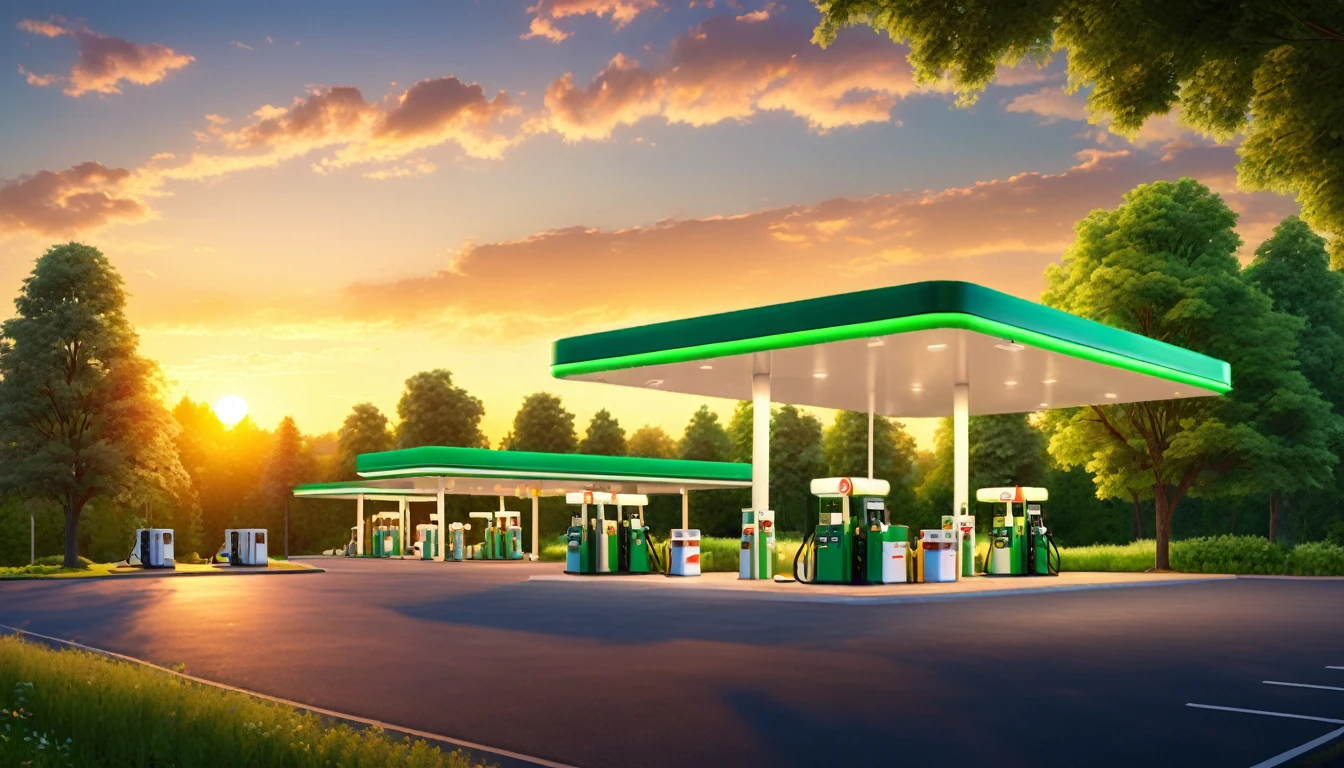gas station illuminated by the summer sunset, a landscape surrounded by green trees, cozy atmosphere