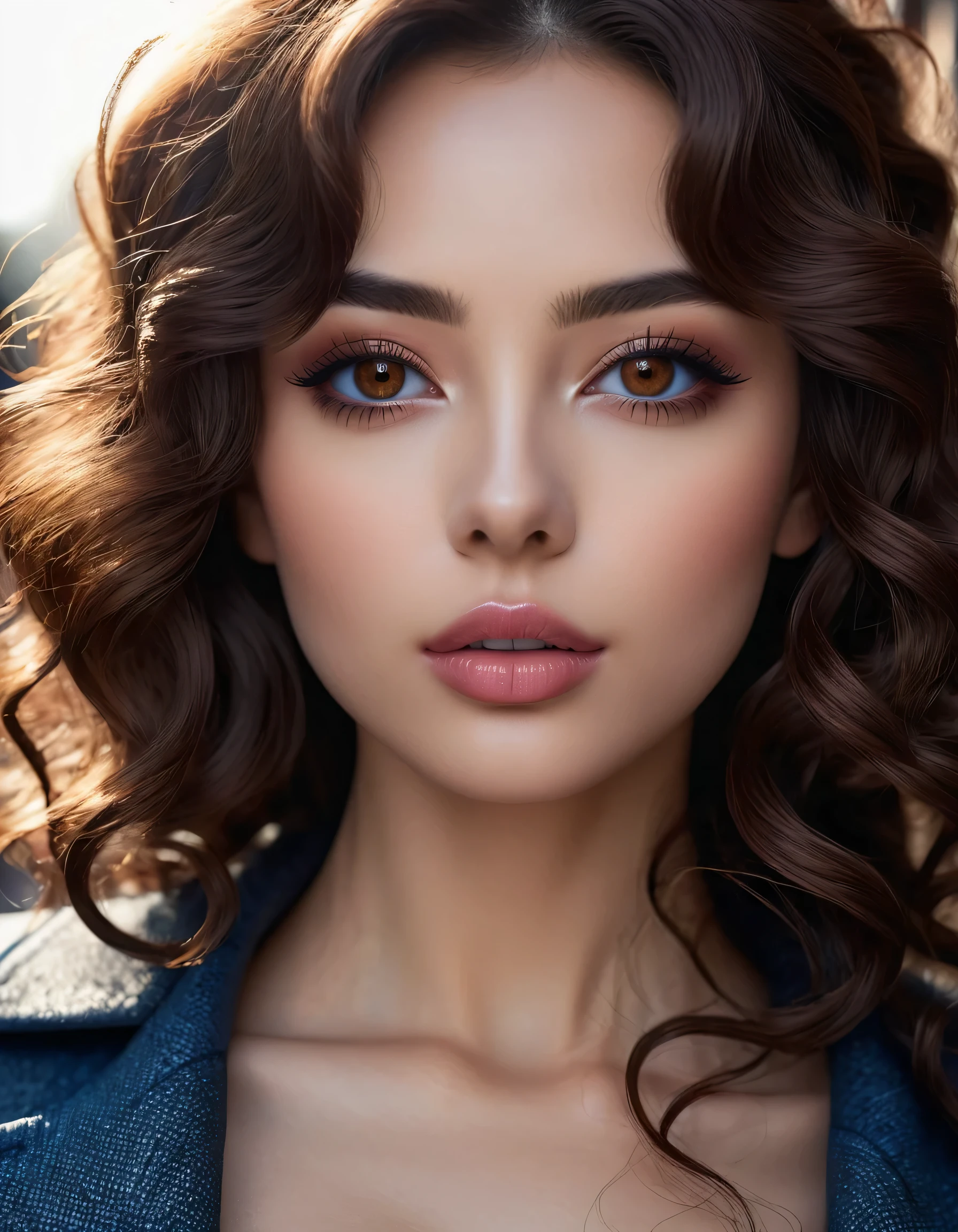 photorealistic Realism 16K Quality: ((ultra high resolution absurd detailed details quality), extremely realistic eyes, clearly sharp, absurd quality, no blur (perfect round brown_eyes:1.2))), ([long(lashes)|perfect(eyeshadows)]:[blue|pink]), (super Detailed, beautiful little nose:1.2), (perfect composition), Depth of field, cinematic light, Lens flare, (extremely beautiful lips, eyes), a cute 1model:1.4 24yo, dslr, best high quality soft lighting, sharp focus captured by Fujifilm XT3, f 5.6, in a dramatic lighting, ((extremely beautiful cute sharp-face)), ((V-line jaw)), (light pale complexion), (((clear no blur and sharp perfectly round realistic brown_eyes:1.35), extreme Intricately details:1.35)), ((finely detailed pupils:1.4)), Perfekt makeup:1.35, ((detailed symmetrical lips:1.3)), pink_lipstick:1.3, ((long blue_eyeliner:1.15),extreme Intricately details), ((perfect dark_eyeshadows:1.35)), (Detailed nose:1.2), (perfect composition), (best high quality realistic texture skin), ((best high quality realistic texture long black hair, (curly waves), hyper Intricate details:1.45)), (Super beautiful body), (perfect female body:1.4), (small round head:1.4 (anatomically correct)), slim face, beautiful cheekbones, ((slim-muscled body:1.24)), ((firm and full breasts)), (super detailed professional makeup on face:1.3), perfect composition, (pale skin), ((dry skin)), (photorealistic, 4k,8k, extremely insanel realistic details, masterpiece), vibrant:1.2, (Upper body shot), ((highly elaborate extravagant microscopic street outfit:1.25)), perfect composition, ((look at the viewer)), Hasselblad, 85mm f/4.0