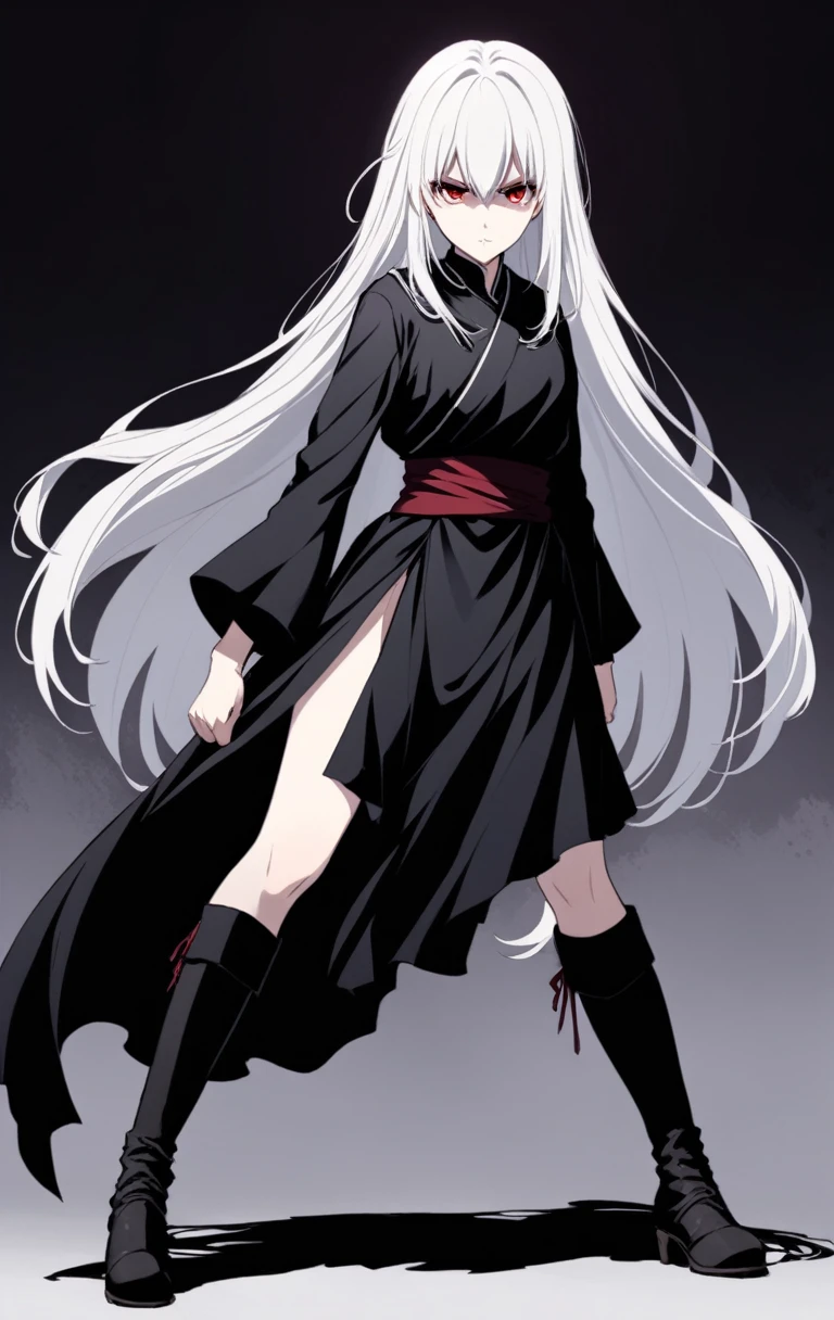 Girl, 20 years old, with long white hair down to below her waist, a serious yet tender expression, and red eyes. Her hair features black streaks. She wears antique-style clothing, a long black dress with a slit on the legs, and high black boots that almost reach her knees. Her power and background are related to shadows and darkness. dark escense, figth stance