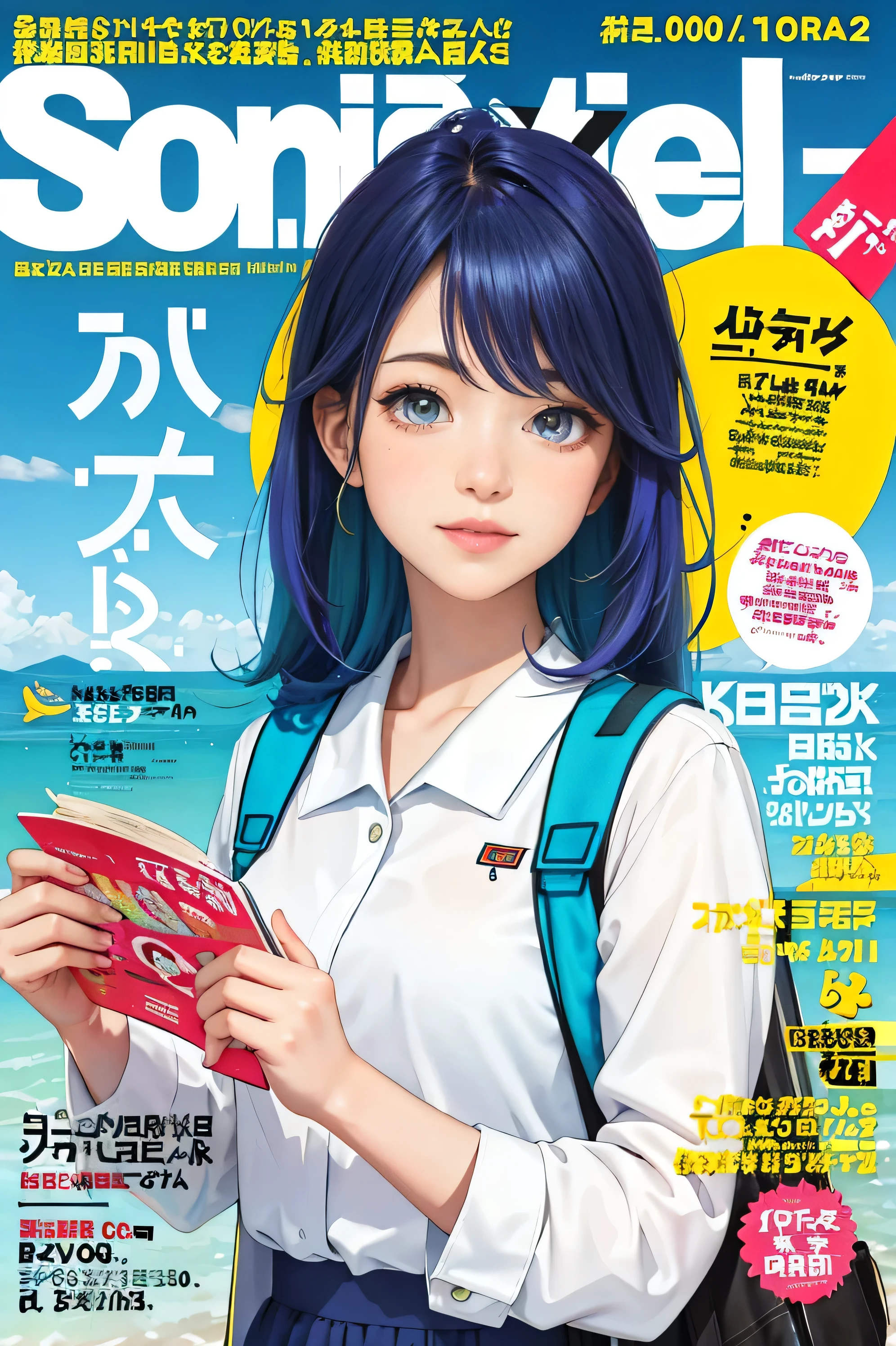 masterpiece, best quality, spring outfit, colorful hair, outdoor, magazine cover ,upper body,