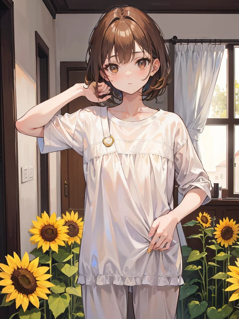 1girl, short light brown hair, brown eyes, wearing white sunflower pajamas, house, absurdres, high res, ultrasharp, 8K, masterpiece