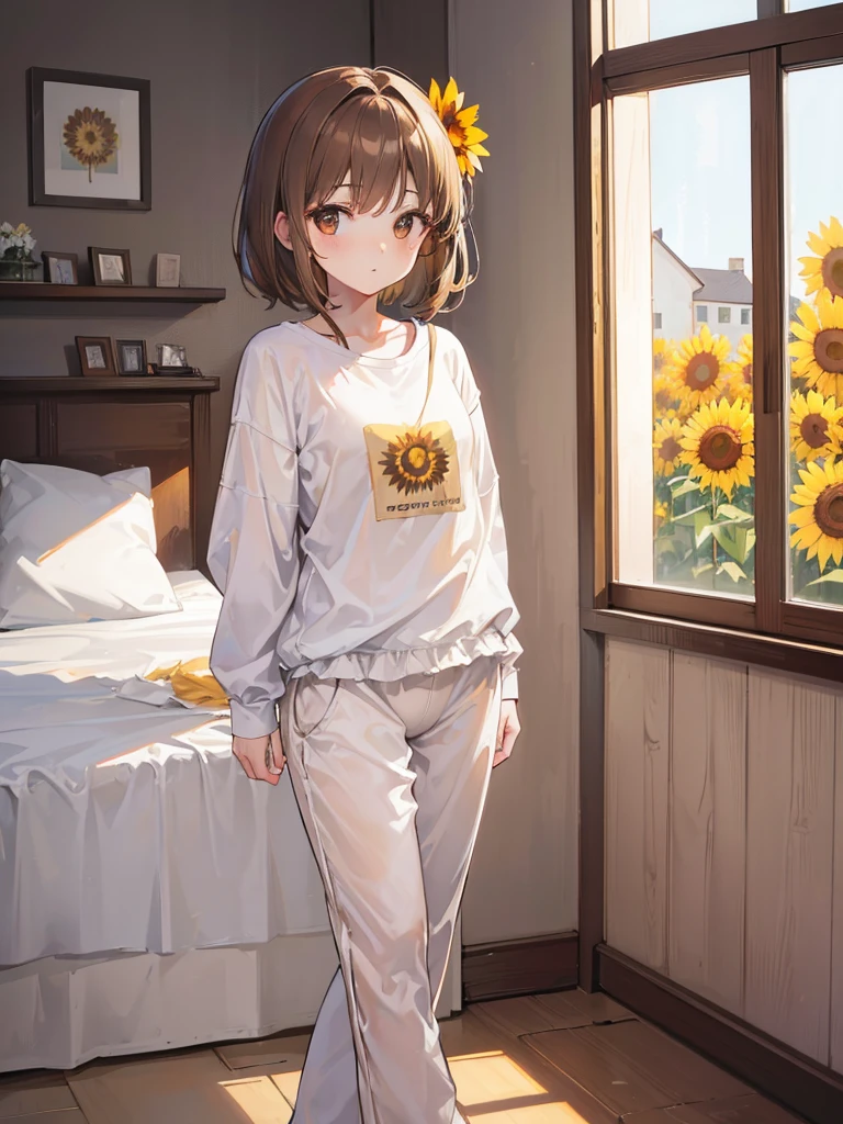 1girl, short light brown hair, brown eyes, wearing white sunflower pajamas, house, absurdres, high res, ultrasharp, 8K, masterpiece
