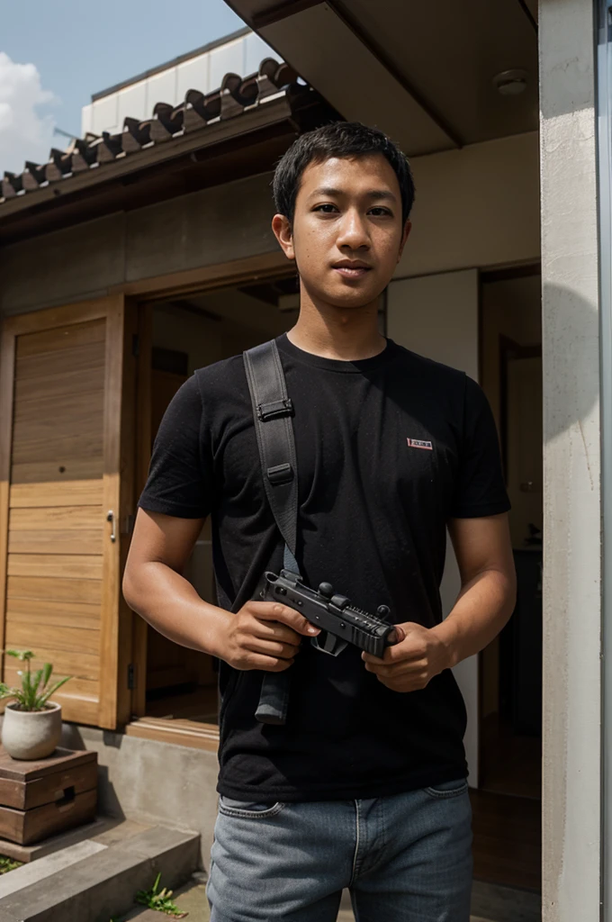an Indonesian-looking adult with short black hair, 29 years old, who looks like Mark Zuckerberg, is standing behind the terrace house door, carrying a long-barreled rifle, ultra HD, fish eye lens camera.