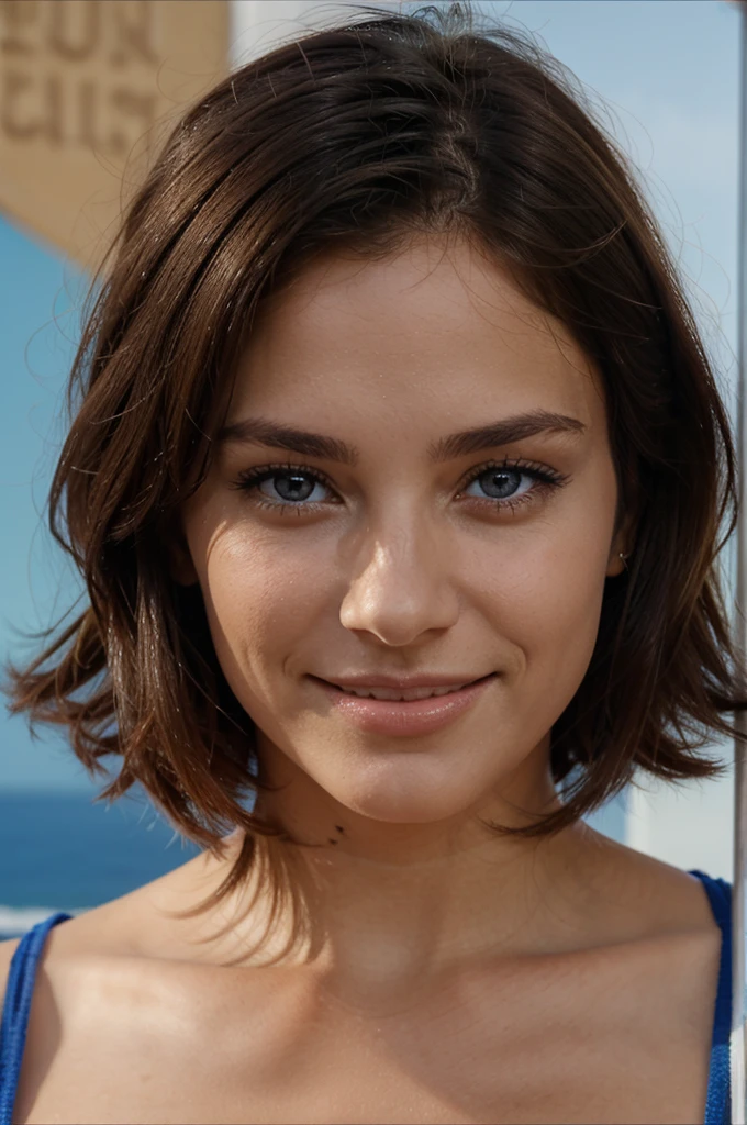 femme brune aux yeux bleu qui regarde droit devant avec le sourire