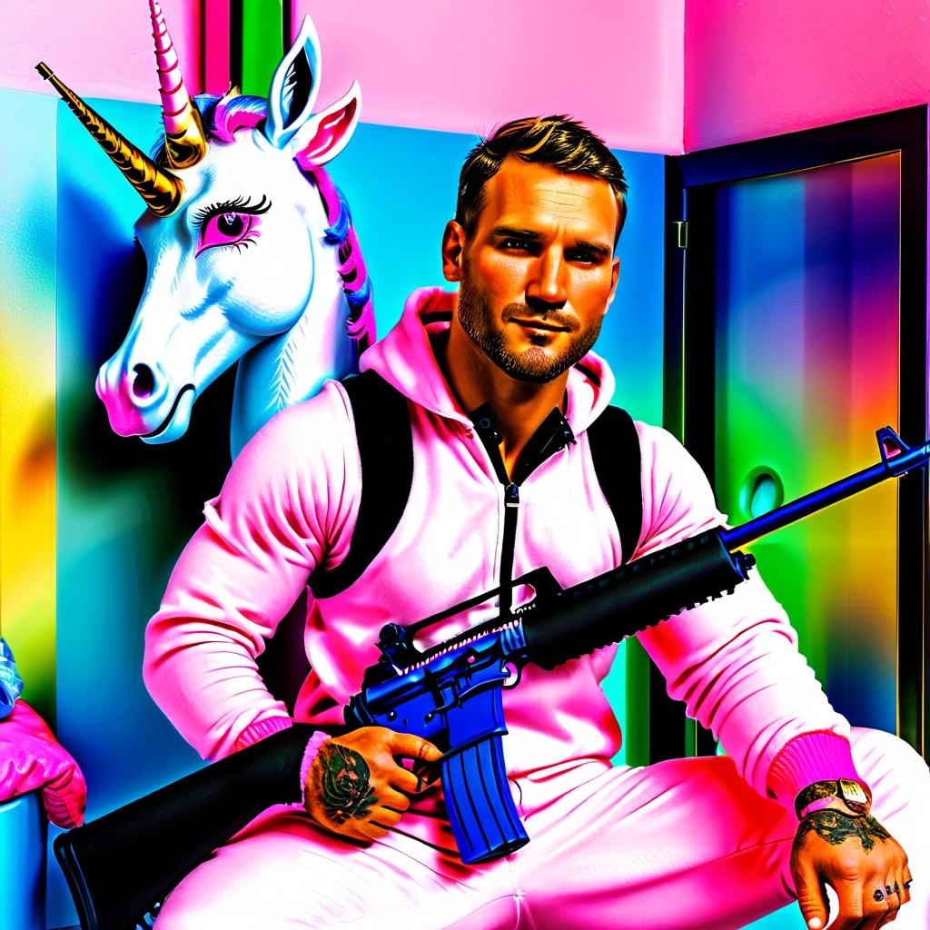 ((master tool)), ((best qualityer)) A masculine man of average height. age 30 years, Special soldier armed with m416 pink rifle, dressed in white unicorn pajamas, pink tatico ballistic colete, pink gloves and boots, wings on the back hood with horn, unicorn eyes and ears