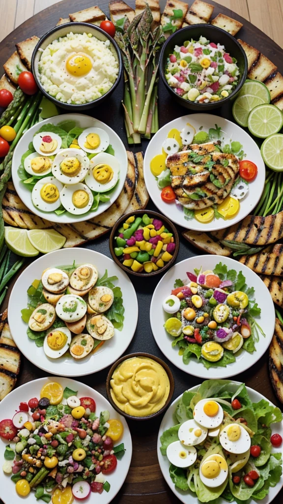 Colorful and Varied Keto Lunch Platter: A beautifully arranged platter with various keto-friendly foods, such as avocado, bacon-wrapped asparagus, deviled eggs, colorful salads, and grilled chicken. The vibrant colors and variety will catch the viewer’s eye.
