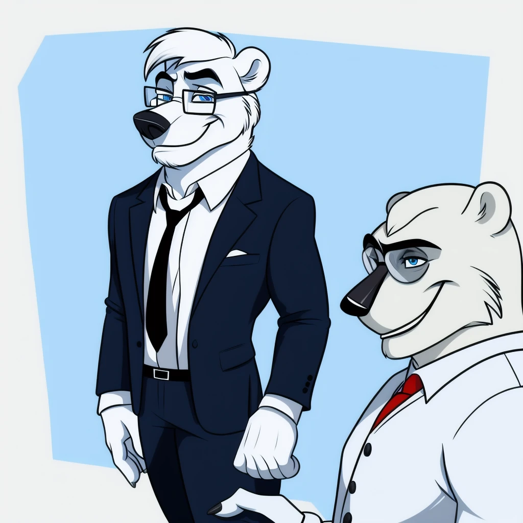 polar bear dad male office suit lifting shirt from down to top slighly well built , blue eyes glasses, head crest white hair, , wearing white sock, disney profile, drawing lineart full body shading evil smug