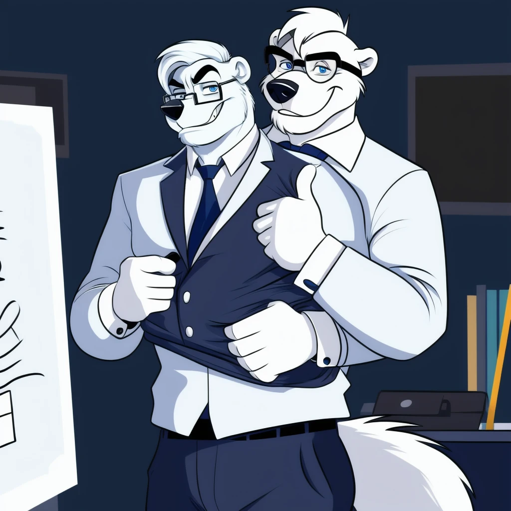 dad male polar bear blue eyes, standing , white briefs , watch , spread legs ,living room, sunlight , all white socks , high quality , drawing black lineart , kemono , detailed eyes polar bear dad male office shirt, no pants  slighly  well built glasses, blue eyes head crest hair, opening chest , wearing white sock, disney profile,  drawing lineart 
