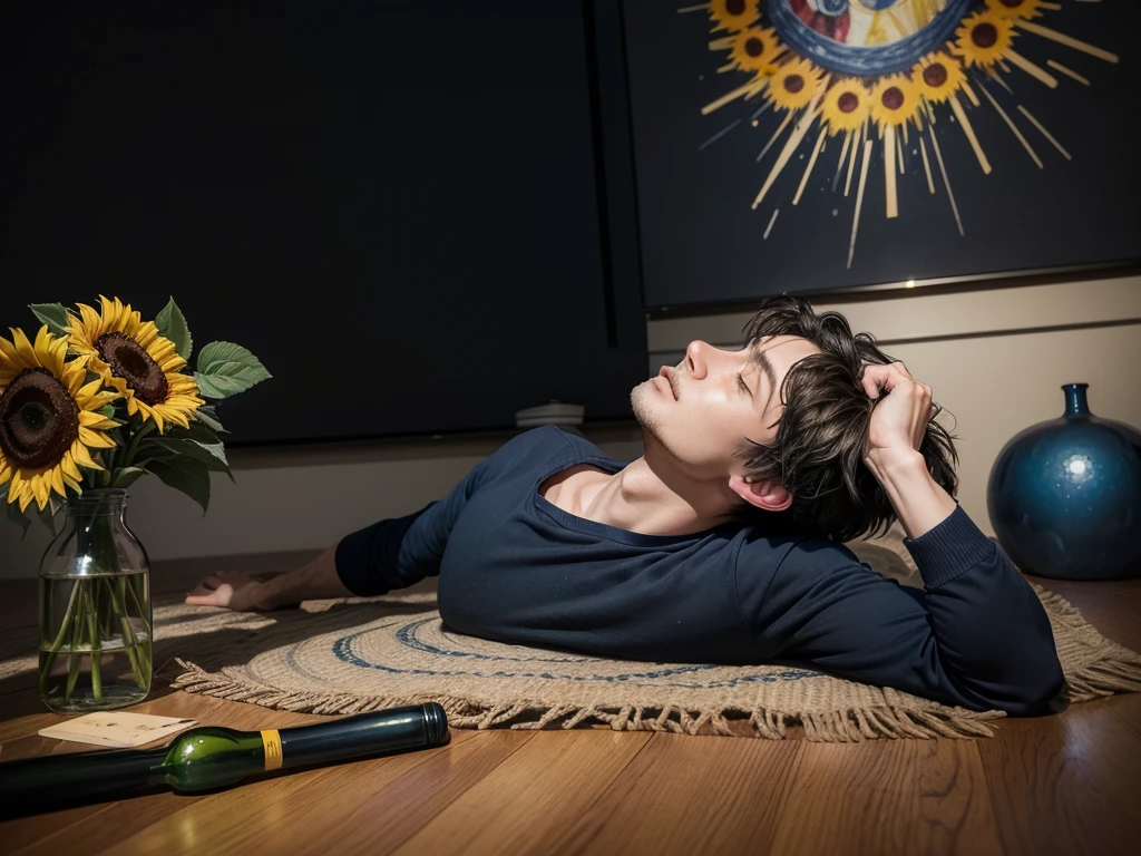 Create an album cover with the predominant colors black and navy blue, with the title "What to do when love ends" where in this image there is a man lying on the floor with a bottle of wine in his hand,  a painting with the starry night and a vase with sunflowers in the background. Where the image expresses melancholy
 