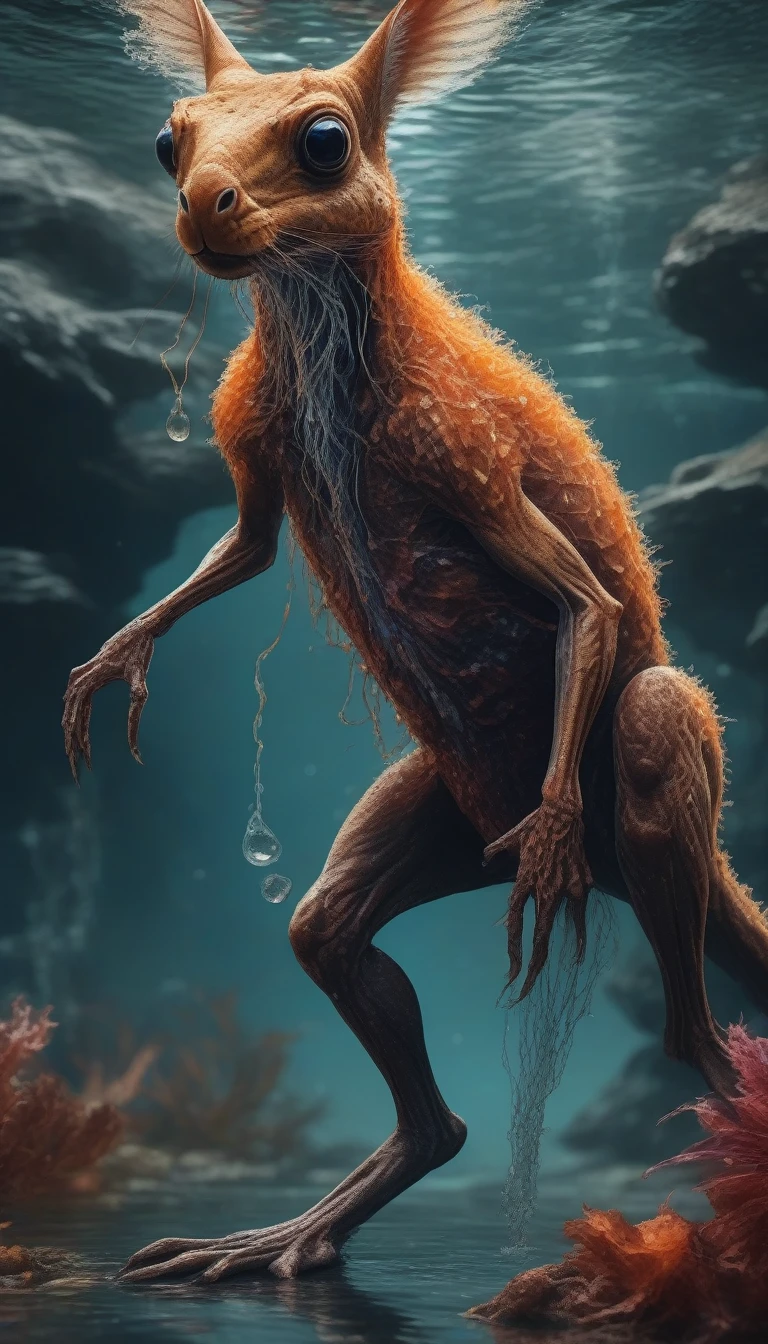 Great image quality, masterpiece, best image quality, super detailed, ultra detailed, UHD, HDR, DOF, depth of field, a cross between a kangaroo and a jellyfish, fictional terrifying creature that lives mainly in puddles and underground lakes in wet caves, transparent body firing poisonous needles while jumping, entire body