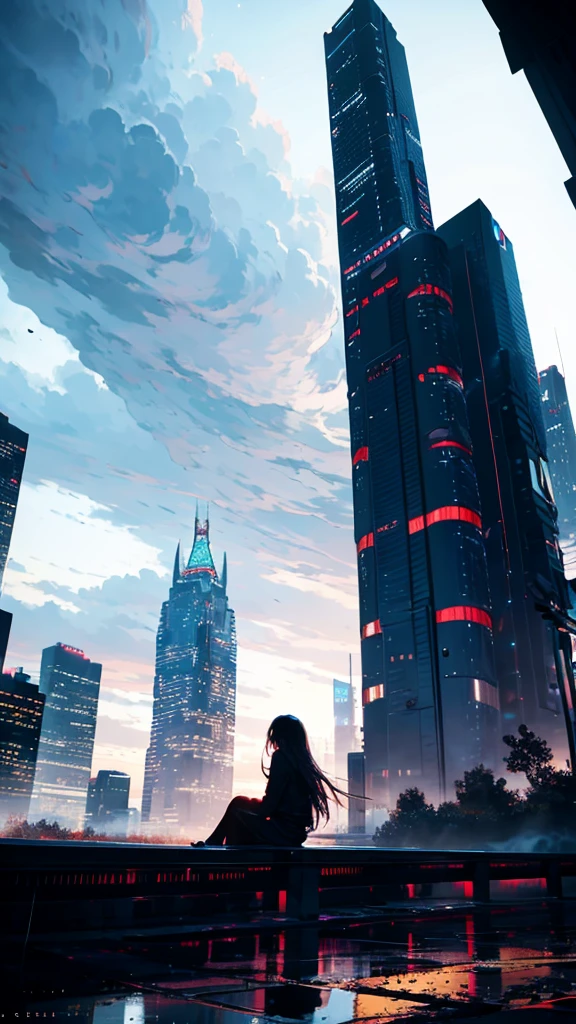 On top of a building、Overlooking the city、Concept Art、masterpiece、high resolution、Photographed from the front