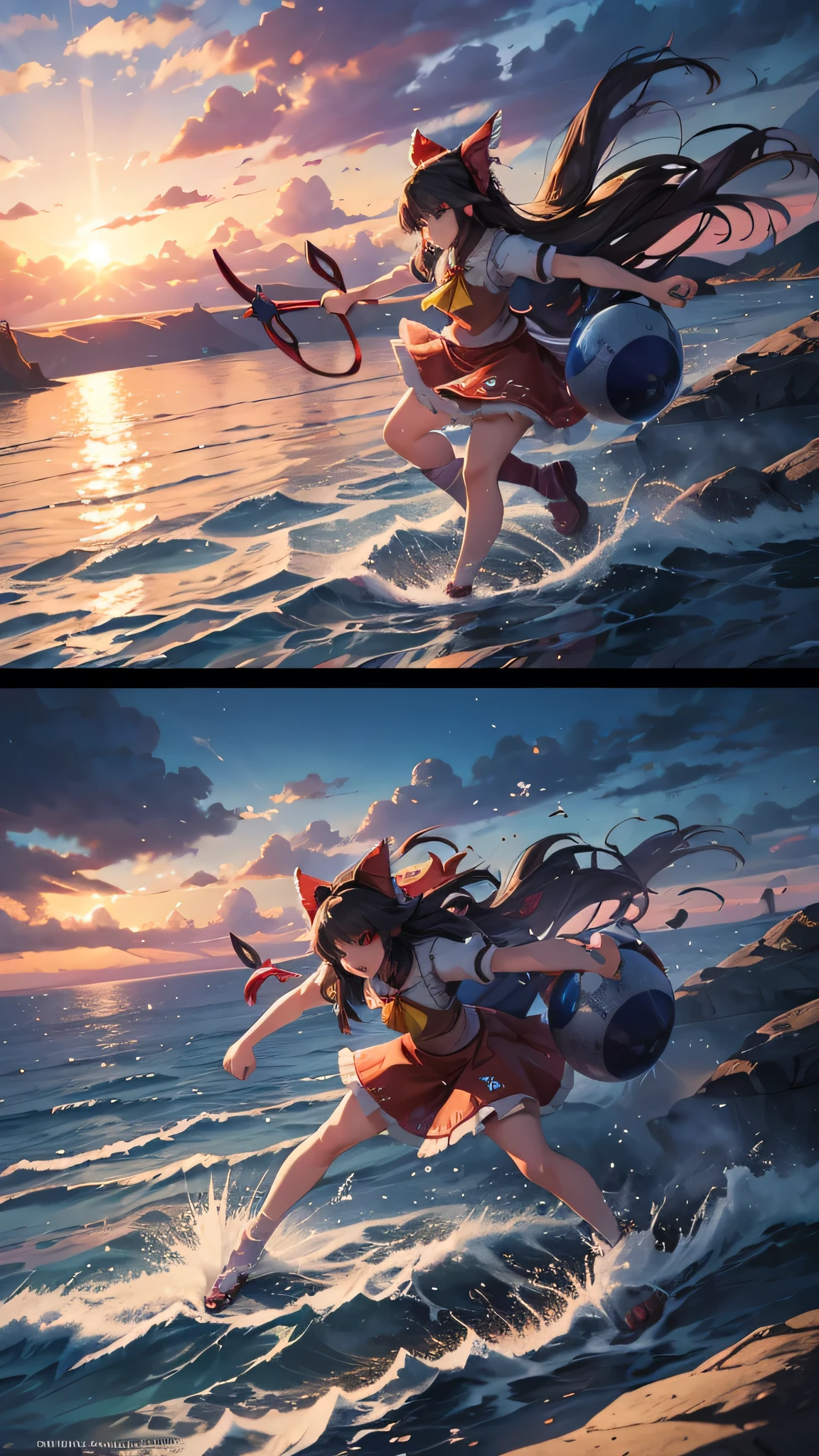 solo 1 girl view, TouHou project, An adventure girl Reimu, which due to a curse has been transformed into Kedama, a little ball of hair, having to fight waves of enemies, an isometric perspective with both ranged attacks and hand-to-hand combat, being able to turn into different monsters, random angle.,(all realistic intricate details)