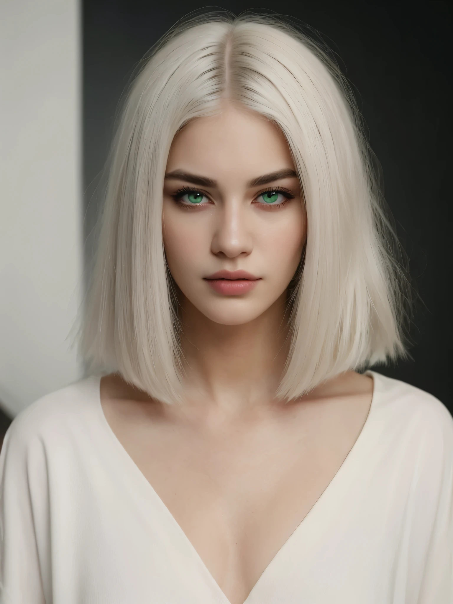 Best quality, masterpiece, ultra high res, (photorealistic:1.5), raw photo, 1 mature girl, black low neckline shirt, in the dark, deep shadow, low key, cold light, sexy look, white bob hair with bangs (((white hair))), green eyes, sharp eyes, eyeshadow, plain white background, Yorha 2b, Ciri