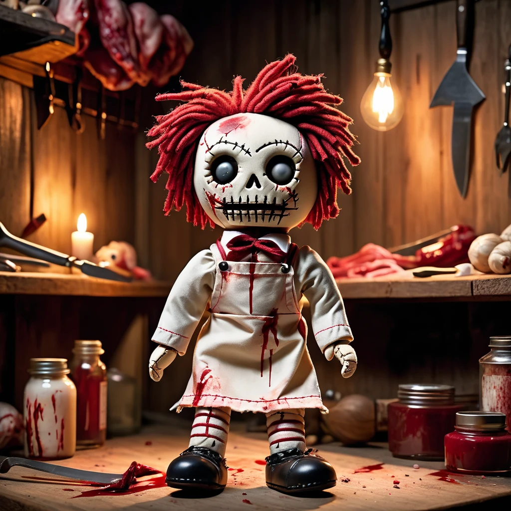 (knitted toy voodoo doll: 1.7), (voodoo butcher: 1.3), (clothing: torn butcher's apron with blood stains: 1.4), (accessories: cleaver, sinister butcher's hook: 1.1), (background: creepy abandoned butcher shop with flickering lights and ghostly figures: 1.2), best quality, masterpiece, detailed soft oil painting, detailed background, dramatic cinematic lighting, soft edge lighting, professional, dramatic lighting, hard edge lighting, ultra quality, 4k, masterpiece, best quality, 8k, ultra high definition, high resolution, extremely detailed