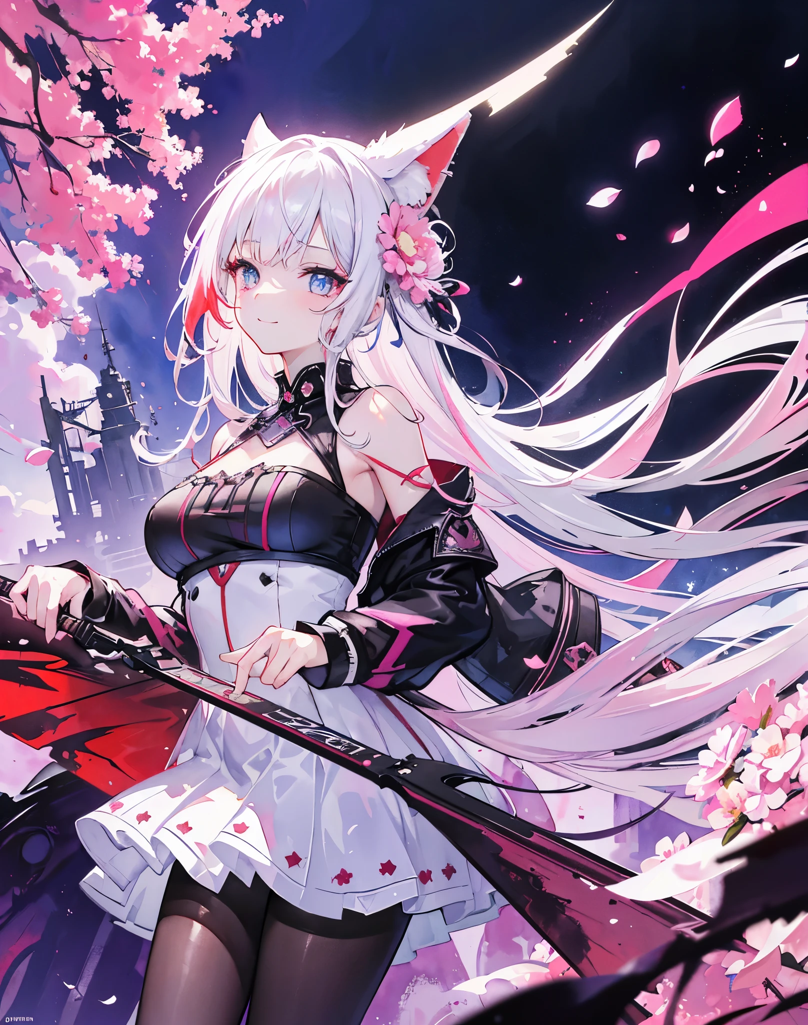 masterpiece, best quality, 1girl, (colorful),(finely detailed beautiful eyes and detailed face),bust shot,extremely detailed CG unity 8k wallpaper,white hair,solo,smile,intricate skirt,((flying petal)),(Flowery meadow) sky, cloudy_sky, building, moonlight, moon, night, (dark theme:1.3), light,fantasy, high contrast hdr, ink strokes, over exposure, purple and red tone impression , abstract, ((watercolor painting by John Berkey and Jeremy Mann )) brush strokes, negative space,black pantyhose, pink laser sword in foreground, studio ufotable style, demon slayer, white hair, ((neko ears)) 