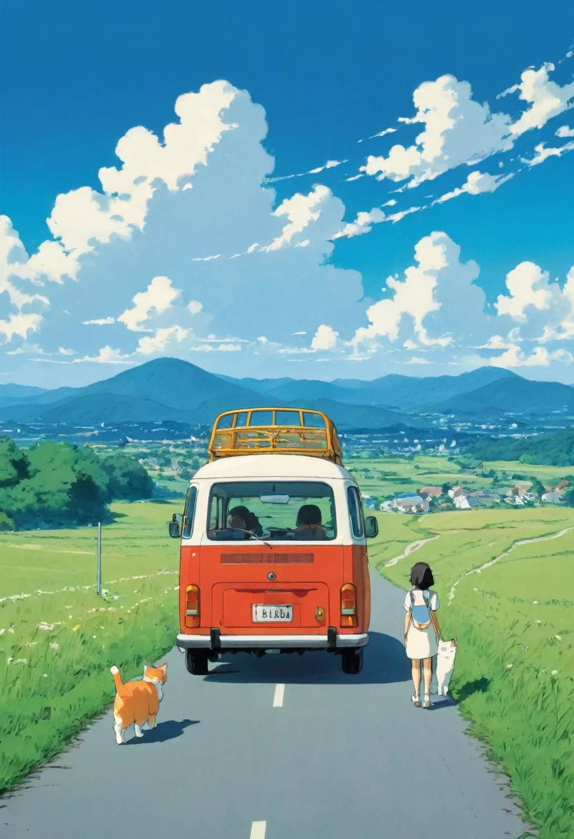 (Minimalism: 1.4), Minibus on the road, German van, Studio Ghibli Art, Miyazaki, Blue sky and white clouds of meadows, Back view of Mazu girl and cat at the bus stop,