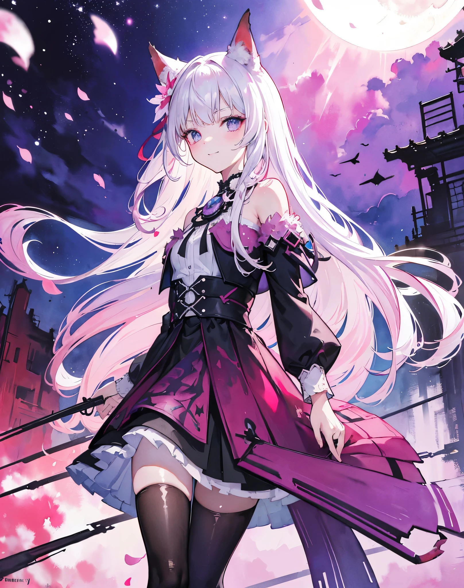 masterpiece, best quality, 1girl, (colorful),(finely detailed beautiful eyes and detailed face),bust shot,extremely detailed CG unity 8k wallpaper,white hair,solo,smile,intricate skirt,((flying petal)),(Flowery meadow) sky, cloudy_sky, building, moonlight, moon, night, (dark theme:1.3), light,fantasy, high contrast hdr, ink strokes, over exposure, purple and red tone impression , abstract, ((watercolor painting by John Berkey and Jeremy Mann )) brush strokes, negative space,black pantyhose, pink laser sword in foreground, studio ufotable style, demon slayer, white hair, ((neko ears))