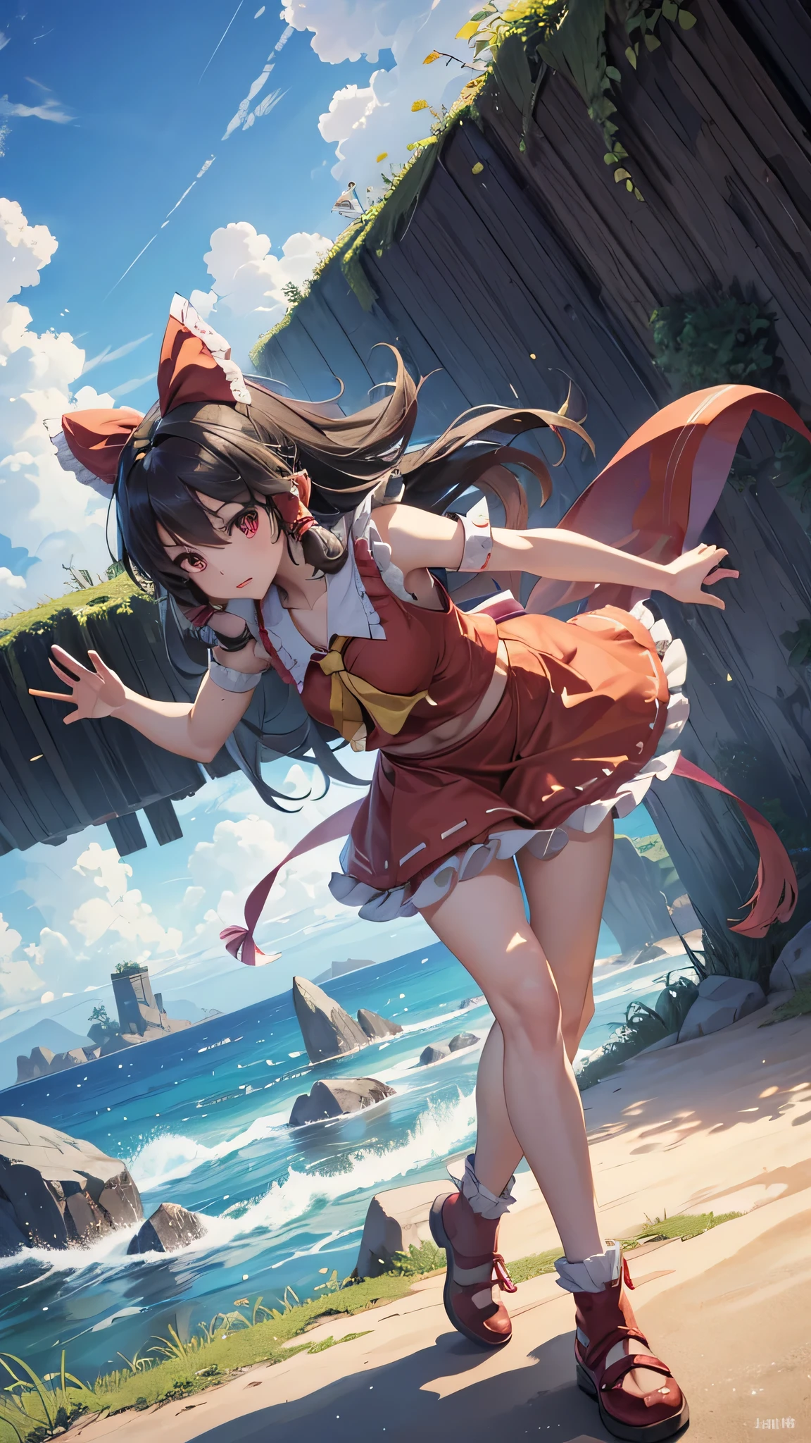 solo 1 girl view, TouHou project, An adventure girl Reimu, which due to a curse has been transformed into Kedama, a little ball of hair, having to fight waves of enemies, an isometric perspective with both ranged attacks and hand-to-hand combat, being able to turn into different monsters, random angle.,(all realistic intricate details)
