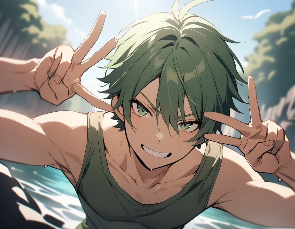 1boy, zoro, one piece, solo, double v, looking at viewer, upper body, cinematic angle, depth of field, outdoors, masterpiece, best quality