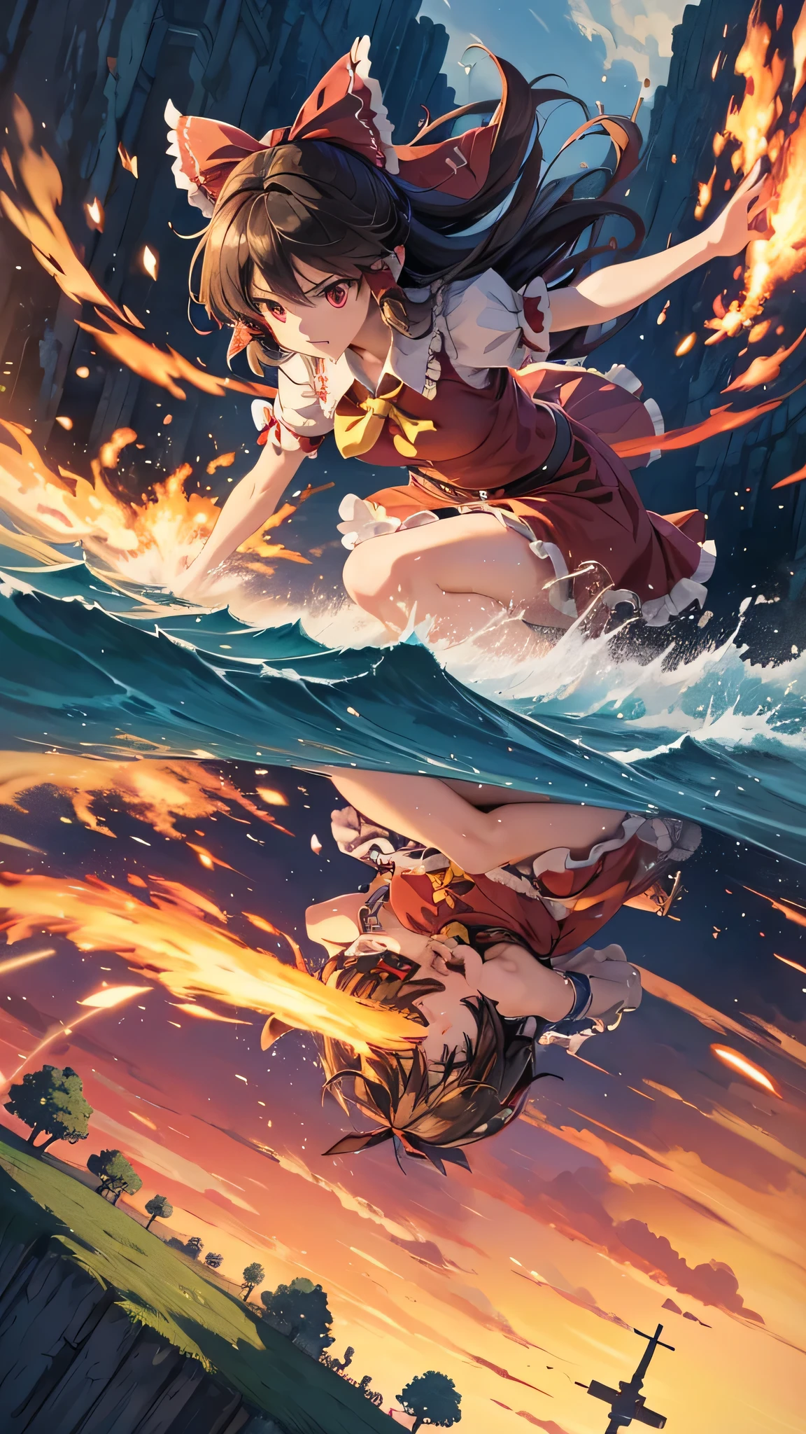 solo 1 girl view, TouHou project, An adventure girl Reimu, which due to a curse has been transformed into Kedama, a little ball of hair, having to fight waves of enemies, an isometric perspective with both ranged attacks and hand-to-hand combat, being able to turn into different monsters, random angle.,(all realistic intricate details)