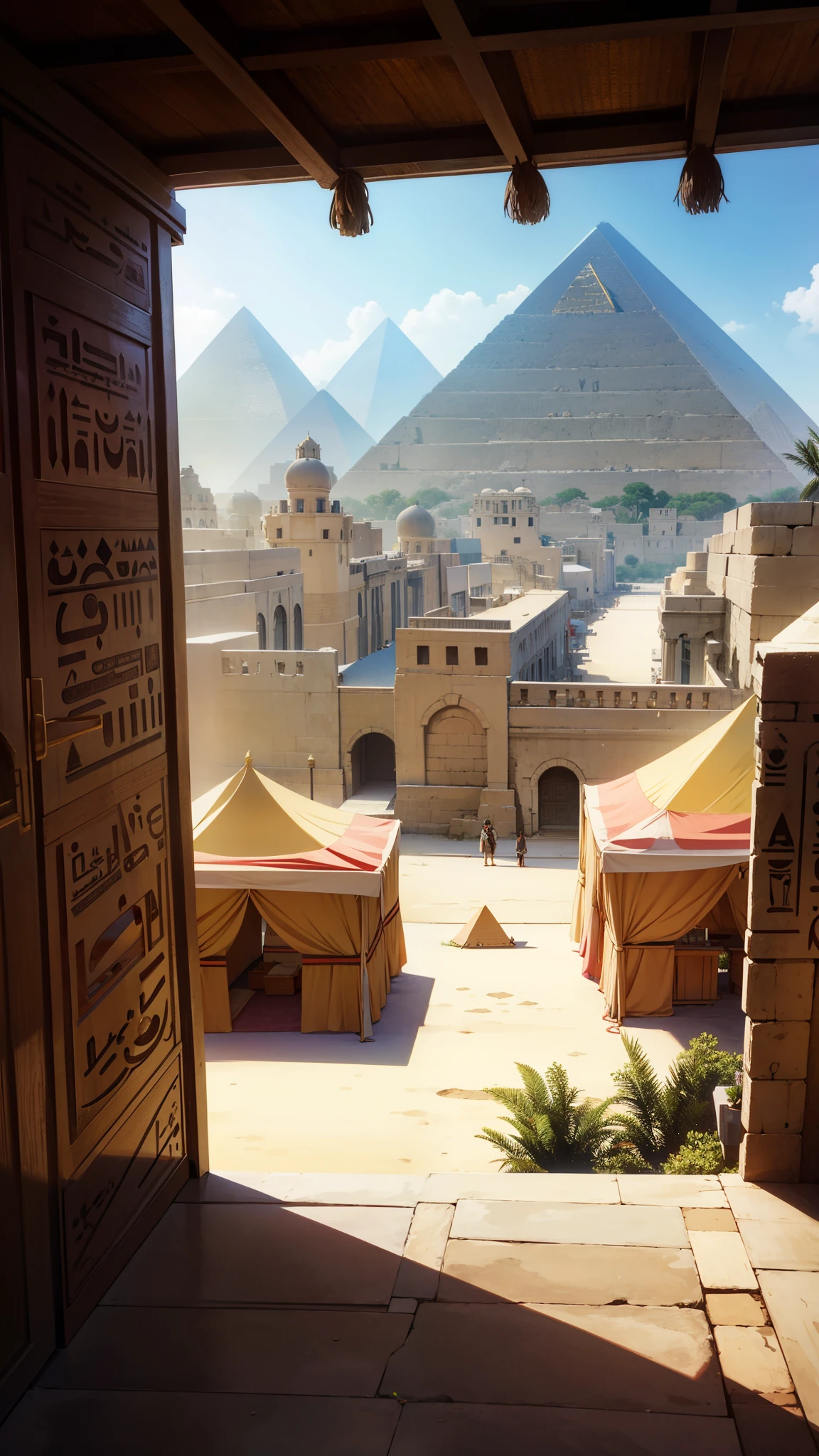 egypt city, tents, balcony, pyramid in the distance, day,