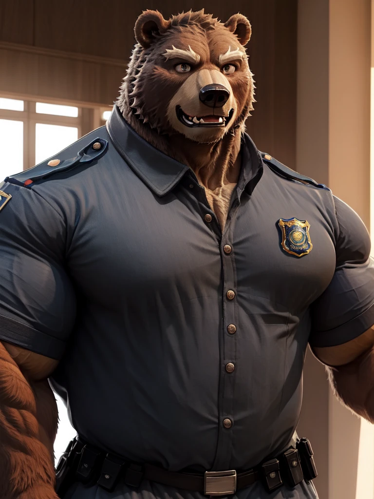 ((solo, one bear, 1man)), muscular bear wear working as police, police uniform, furry, an anthro (bear), an anthto, a old man big muscular, happy expression, extremely detailed muscle, detailed face, face, detailed eyes, eyes, detailed muscle, realistic rendering, CG realistic, 3d realistic, photography, background