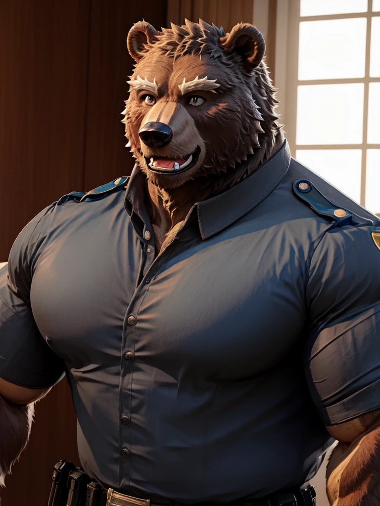 ((solo, one bear, 1man)), muscular bear wear working as police, police uniform, furry, an anthro (bear), an anthto, a old man big muscular, happy expression, extremely detailed muscle, detailed face, face, detailed eyes, eyes, detailed muscle, realistic rendering, CG realistic, 3d realistic, photography, background